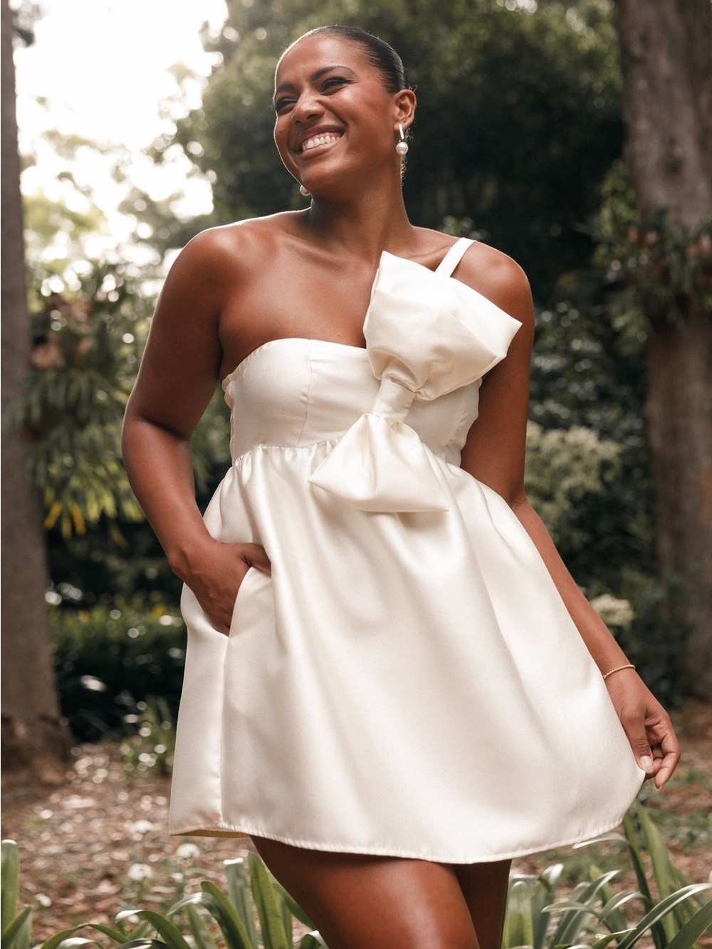 Petal & Pup Ivory One-Shoulder Satin Mini Dress with Oversized Bow